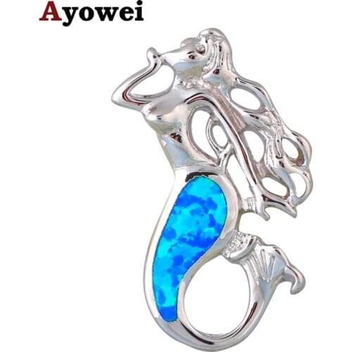 Delicate Mermaid Design Silver Stamped Blue Fire Opal Gift for Lover Fashion Jewelry Necklace Pendants for Ladies OP605A