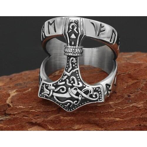 Retro Stainless steel Odin Norse Viking Amulet Rune Index Ring Men and Women fashion Nordic hammer Giant Wolf Rings Punk Jewelry