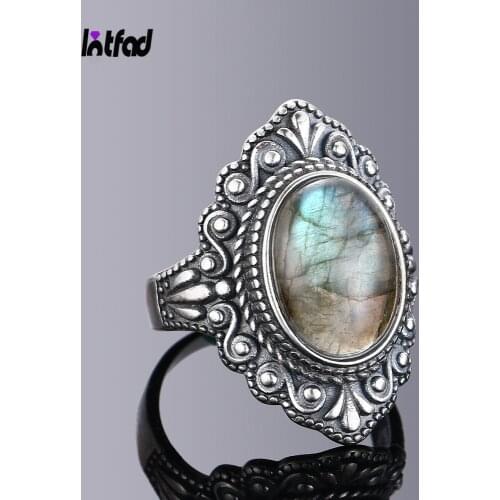 Oval Natural Labradorite Rings for Women Men 925 Sterling Silver Ring Finger Ring Retro Gemstone Rings Jewelry Party Gift