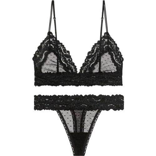 Femme Sex Lingerie Set Lace Transparent Bra Set Dot Mesh Bralette Women Push Up Brassiere T Back Panties Sets Backless V Neck