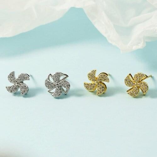 Korean Fashion New Cute Rotatable Windmill Stud Earrings Gold Color Exquisite Shiny Crystal Geometric Earrings Women Jewelry