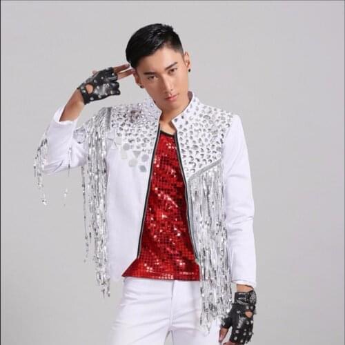 Men Singer Fashion Tassel Jacket New Sequined Dance Stage Clothing Nightclub Dj Bar Party Wear Jacket Coat Singer Stage Costumes