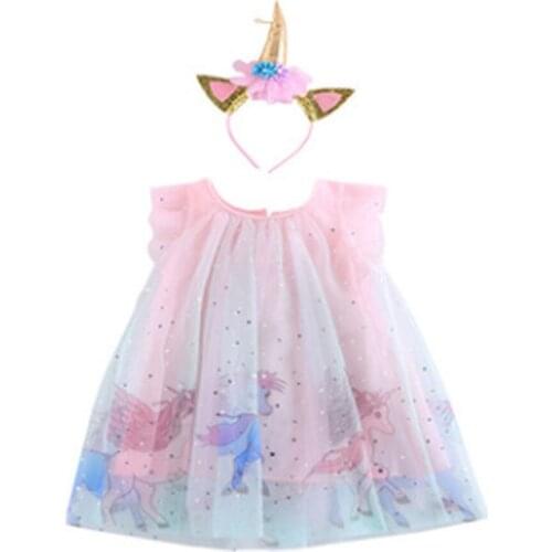 Summer Kids Girls Dress Lace Mesh Ruffle Sleeveless Multi-Layer Sweet Princess Dress + Hair Band