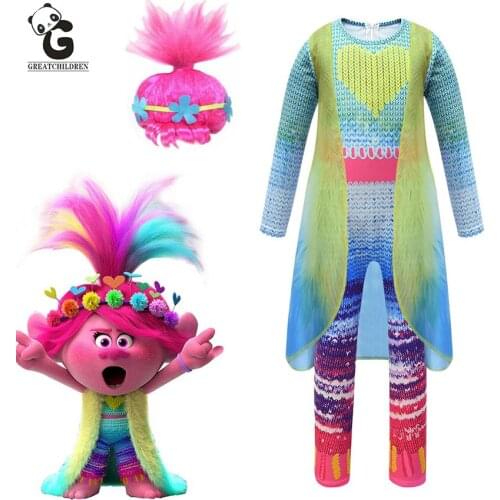 Trolls Poppy Costumes for Girls Trolls Poppy Jumpsuits Kids Halloween Costumes for Kids Vest Carnaval Fancy Dress Girl Wig