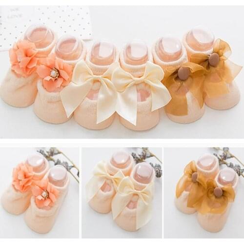 Newborn baby Socks 3 Pairs of Lace Thin Hollow Baby No-Show Socks Girl Cotton Summer Princess Wear Bow Porous Socks Korean-Style
