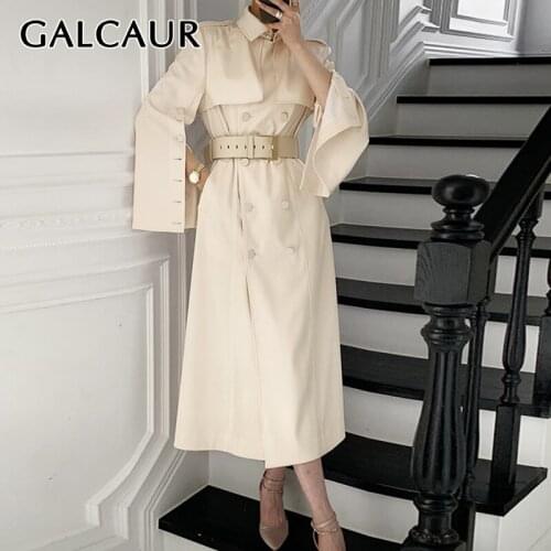 GALCAUR Korean Fashion Trench Coat For Women Lapel Collar Long Sleeve Sashes Solid Coats Female Autumn Clothing 2021 New Style