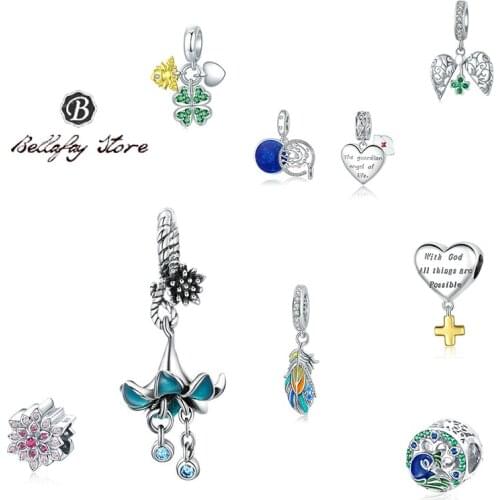 Bellafay Customed Real 925 Silver Four Leaf Clover Charm Heart Beads Fits Original Bracelet Bangles Girls DIY Jewelry Decoration