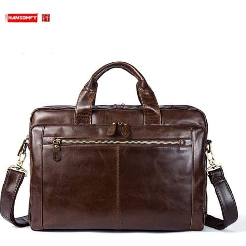 Mens Genuine Leather Briefcase Retro Mens Handbag Leather Multi-purpose Business Men Shoulder Messenger Laptop Bags Vintage