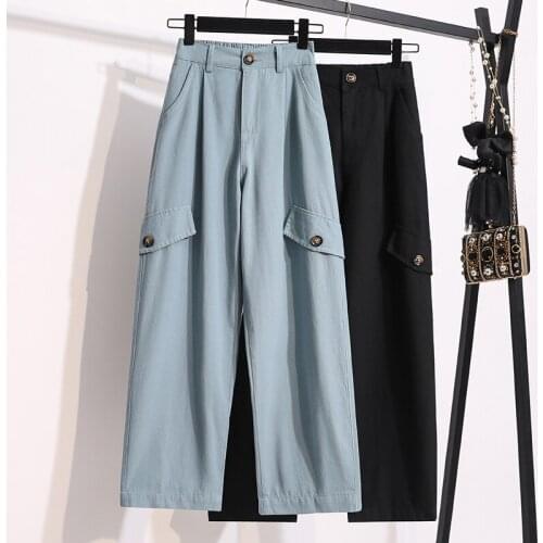Straight wide leg pants overalls for autumn and winter denim trousers female loose student port style big pocket couple Attire