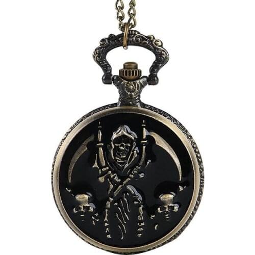 Carving Skull Flame Death Angel Wing Quartz Pocket Watch with Necklace FOB Chain Arabic Relogio De Bolso Gifts Boys child