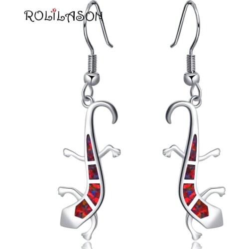 ROLILASON Animal gecko design red Fire Opal 925 Silver Drop Earrings for ladies fashion jewelry OE701