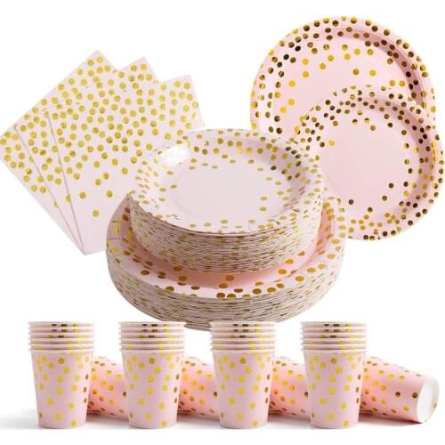 Pink Disposable Paper Plates Tableware Sets Party Supplies Dinnerware Cutlery for Baby Shower Birthday Wedding Decoration
