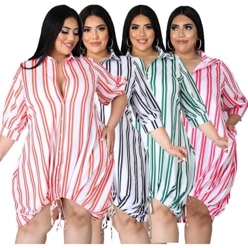 Cutubly Loose Club Midi Dress Stripe Print T Shirt Dresses Womens Half Sleeve Plus Size Button Turn-down Collar Dress For Girls