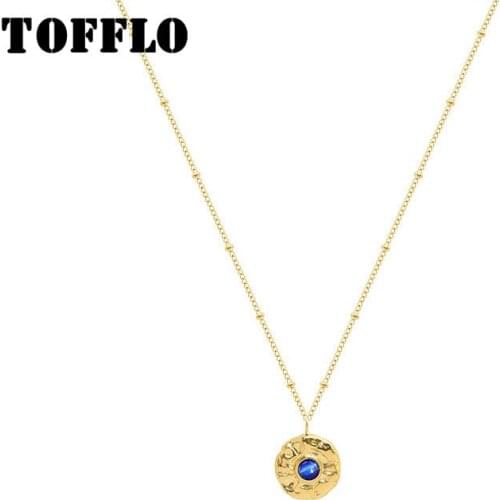 TOFFLO Stainless Steel Jewelry Blue Zircon Pendant Necklace Female Round Collar Chain Fashion Christmas Sweater Chain BSP866