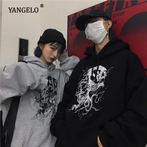 Unisex Gothic Punk Skeleton Hoodie Autumn Winter Ins Dark Skull Demon Print All-match Pullover for Men Women Cotton Girls Tops