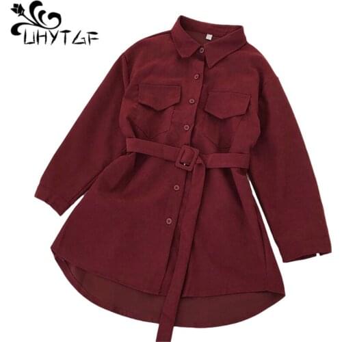 UHYTGF Corduroy Winter Dress Womens Long-Sleeved Single-Breasted Casual Jacket Mid-Length With Belt Elegant Female Clothes 1480