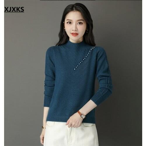 XJXKS Exquisite diamond women turtleneck sweater new 2021 winter thickened warm cashmere knitted sweater women pullover