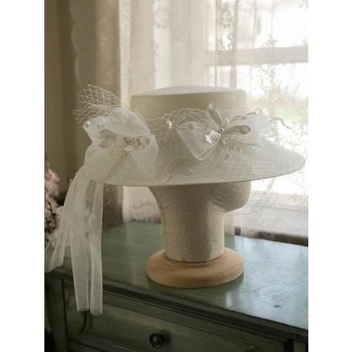 French Style White Wide Deep Wedding Hat With Gauze Bow Flower Fascinator Hat Formal Elegant Women Church Party Flower Hat 2021