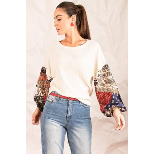 Women Ecru Sleeve Patterned Balloon Knitwear Blouse