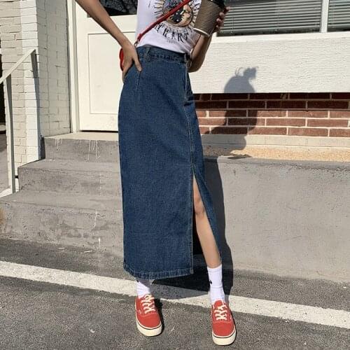 High waist split denim skirt women 2021 new fashion slim temperament mid-length one step hip long skirt