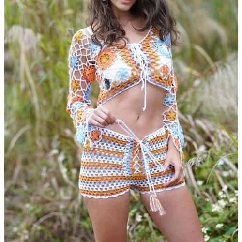 BOHO Cross Lacing up Colored Striped Hand Crochet Cardigan Sweater Women Bandage Mini Short Shorts Long Sleeve Tops 2 Pieces Set