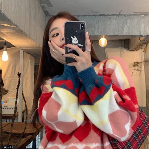 Autumn and winter Korean version of 2021 women love color matching jacquard loose lazy style bubble sleeve long-sleeved sweater