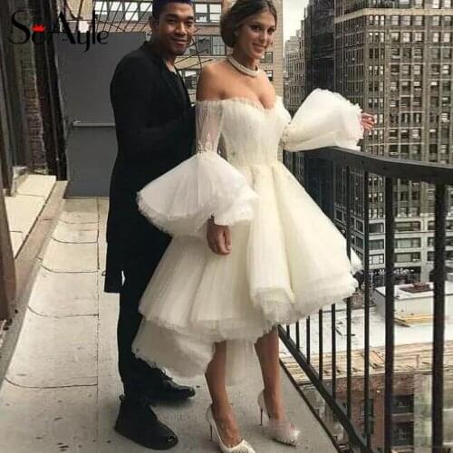 SoAyle Ball Gown Ruffles Off the Shoulder Prom Dresses Long Sleeves White Pretty Gowns for Women
