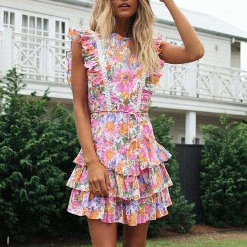 2021 New Summer Cascading Ruffle Flower Print Dress Butterfly Sleeve Backless Short Dress Female Boho A Line Vacation Vestidos