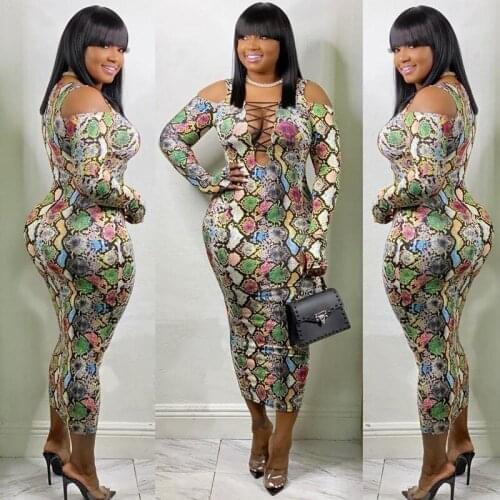 2021 Spring and Autumn Sexy Dress Snakeskin Print Evening Dress Dress Ladies V-neck Strapless Bandage Dress Bag Hip Pencil Skirt