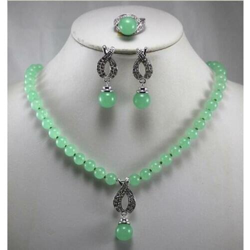 Free shipping Hot Jewelry 8MM Green Jade shell pearl Pendant Necklace Earring Ring Set