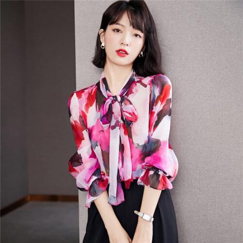 Bow Tie Dye Shirt Womens Early Autumn 2021 New Design Color Printing Lantern Sleeve Chiffon Blouse And Tops Office Ladies M209