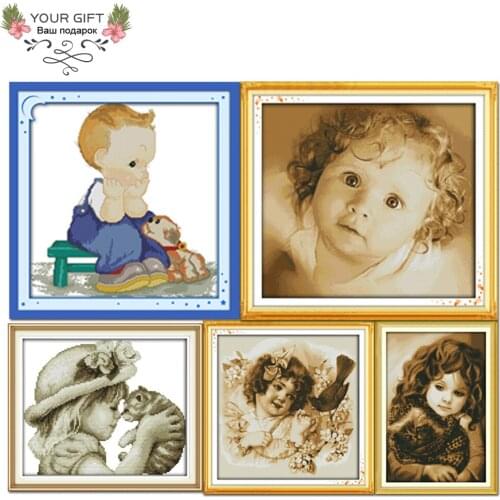 Joy Sunday R321R334R359R367(1)R367(2) 14CT 11CT Counted and Stamped Home Decor Girl and Cat Boy and Dog Lovely girl Cross Stitch