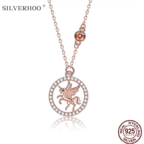 SILVERHOO Unicorn Necklace For Women S925 Sterling Silver Luxury Cubic Zircon Pendant Chain Famale Wedding Party Elegant Jewelry