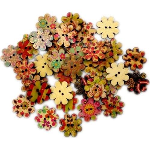 Hot Sale 100pcs/Set Plum Blossom Shape Colorful Diy Scrapbooking Cartoon Buttons 2 Holes Wooden Childrens Garment Sewing Decor