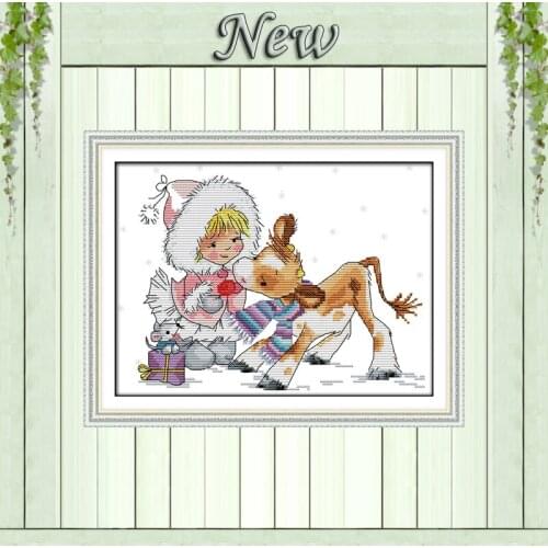 The girl with a fawn decor painting counted printed on canvas DMC 14CT 11CT Chinese Cross Stitch Needlework Sets Embroidery kits