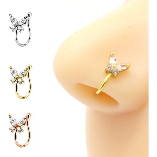 1Pc Crystal Butterfly Fake Piercing Nose Ring Punk Non Piercing Clip Nose Ring Also Can Be Ear Clip Cuff Body Jewelry Bijoux