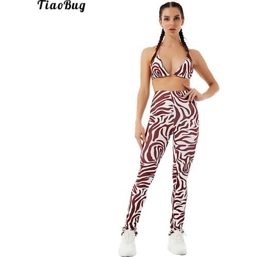 TiaoBug Summer 2Pcs Women Suit Zebra Pattern Print Halter Neck Straps Bra Tops And Pants Leggings Set For Gym Yoga Running Sport