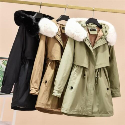 Fashion Korean Sold 2020 Slim Long Jacket Women Winter Coats Down Cotton Fur Hooded Thicken Lady Winter Dress Black Khaki Green