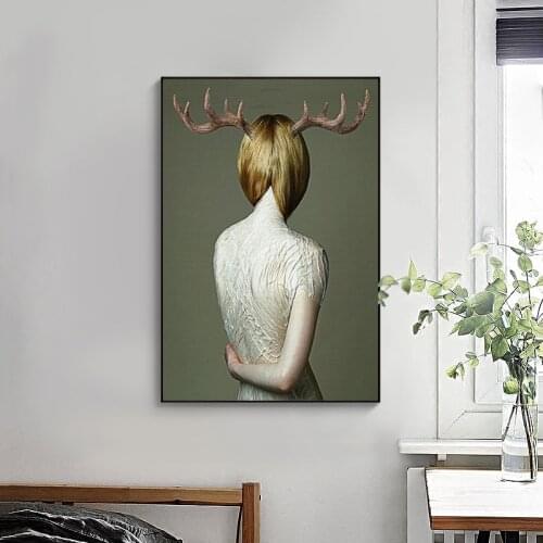 Fashion Antlers Girl Back Wall Art Posters and Printing Living Room Decoration Salon Ins Nordic Style Decoration Cuadros