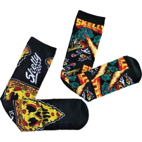 2 pair New Fashion summer women Cartoon fire-breathing dragon Pizza pattern Cotton Funny couple sport sock men Street Crew socks