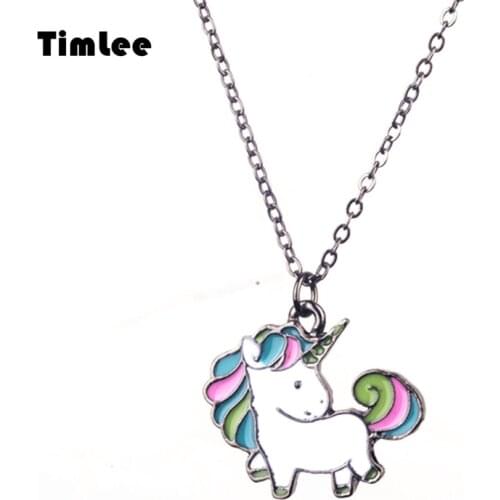 Timlee N056 Free shipping Cartoon Cute Rainbow Horse Unicorn Design Metal Necklaces Fashion Jewelry Wholesale