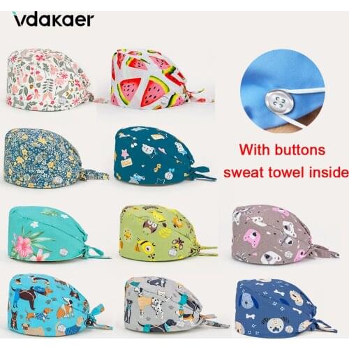 Unisex Scrub Cap Tie Back Working Hat 100% Cotton Washable Sweatband Beautician Dust Proof Scrub Caps With buttons