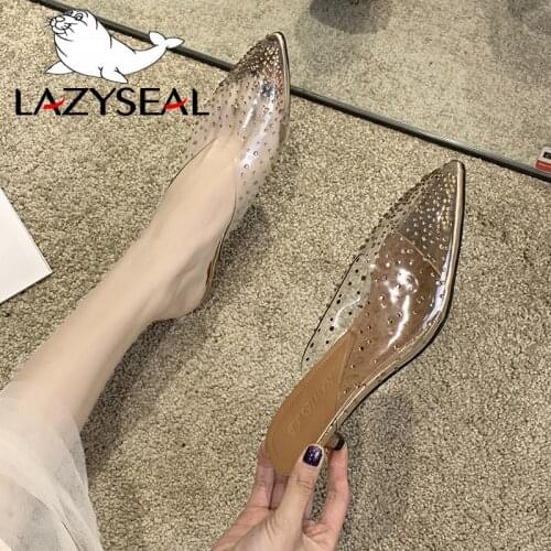 LazySeal Pointed Tow Low Heels Bling Crystals Mules Women Slides Summer Breathable Transparent Slippers Female Shoes Woman