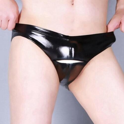 Open Crotch G Strings Men Faux Leather Sexy Briefs T-Back Thongs Hole Underwear Clubwear Stage Performance Micro Bikini Erotic