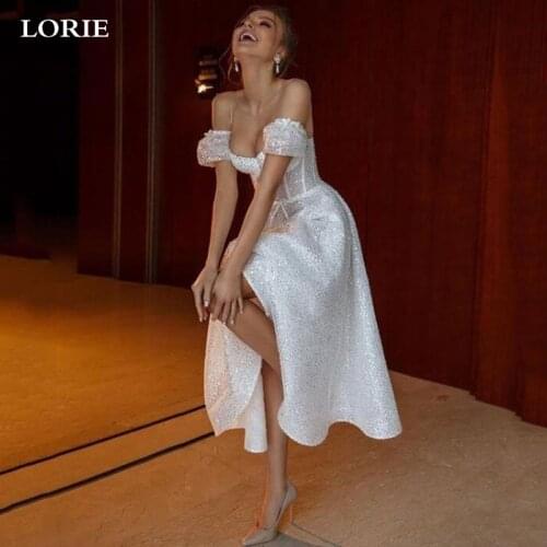 LORIE Shiny Glitter Tulle Wedding Dresses Sweetheart Boning Fitted Bodice Tea Length Bride Dresses Vestidos de novia 2021