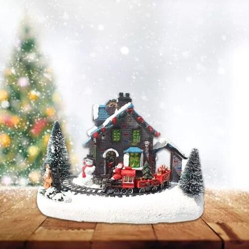 Creative Color LED Lights Christmas Small Train Village House Luminous Landscape Snow Figurines Resin Desktop Ornament Holiday