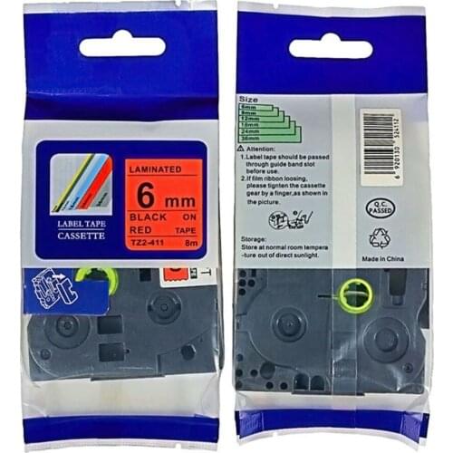 TZ LAMINATED TZE-411 TZe411 tz411 tz-411 p touch 6mm BLACK ON RED LABEL TAPE TZe 411 TAPES Ptouch LABEL