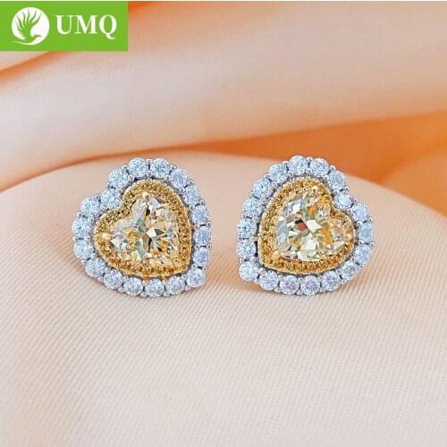 UMQ Luxury Yellow High Carbon Diamond Earrings For Women Sparking Full Zircon Heart Wedding Party Bride Band Jewelry Gift