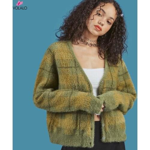 Vintage Mohair Sweater Women Knitted Cardigans Harajuku Lazy Style Ladies V-Neck Button Fuzzy Plaid Cardigan Fluffy Knitwear Top
