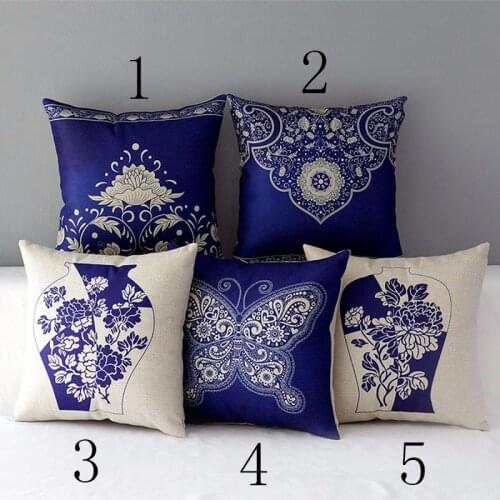 Oriental Floral Cushion Cover Blue White Chinese Style Throw Pillow Case Linen Cotton Decorative Flower Porcelain Pillows cojin